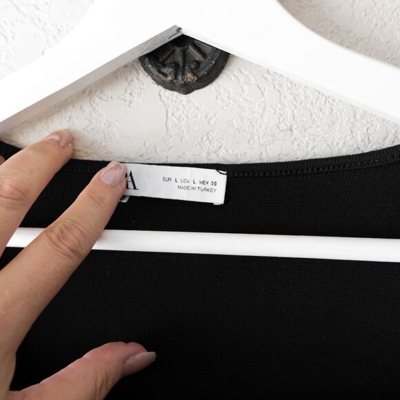 Zara Crop Top Sz Large Black Square Neck Long Sleeve Stretchy Minimalist Chic - Picture 3 of 5